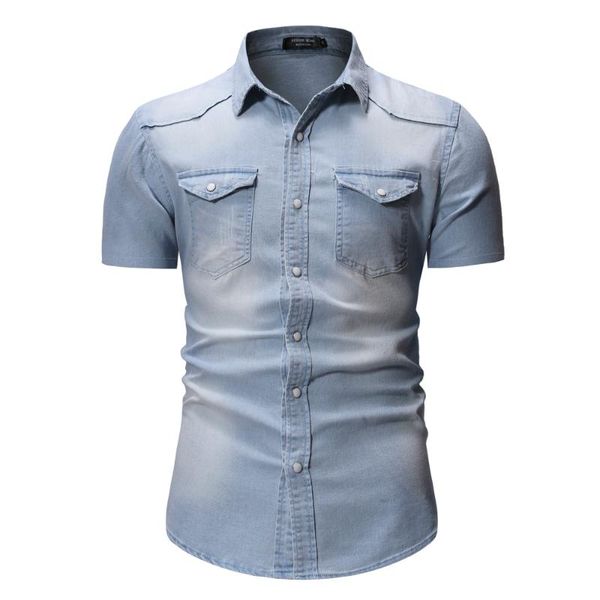 

summer denim shirt men cotton jeans fashion slim short sleeve cowboy male army stylish asian size 3xl men's casual shirts, White;black