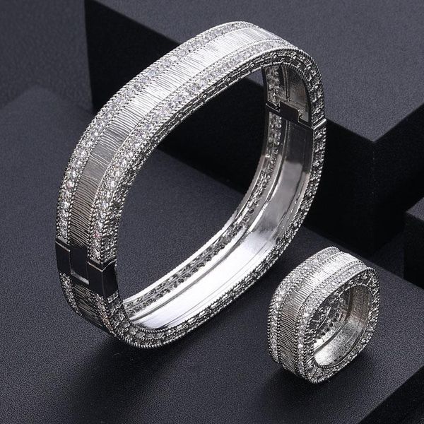 

earrings & necklace accking luxury unique african bangle ring set for women wedding cubic zircon crystal cz dubai bridal jewelry, Silver