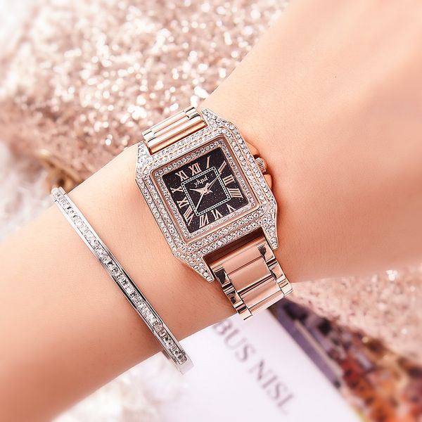 

watch counter women's star face roman diamond square steel belt waterproof quartz, Slivery;brown