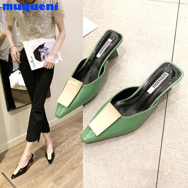 

women mules slippers med spike heel pointed toe leather spring summer heels sandals pumps shoes with metal buckle, Black