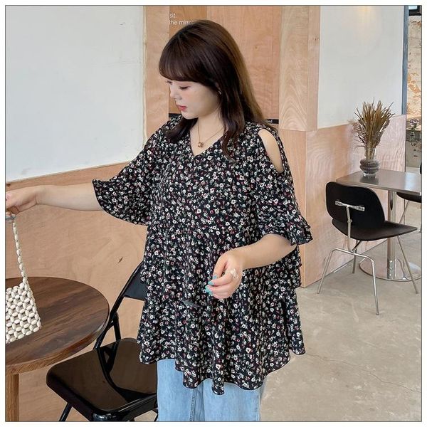 

women's blouses & shirts print floral shirt summer hollow out short sleeve 3xl to 9xl plus size ruffles casual blusas mujer de moda t1, White