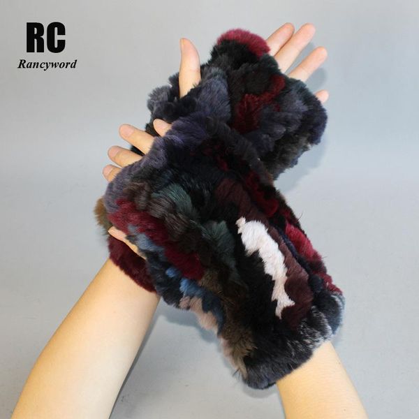 

fingerless gloves [rancyword] women winter knit real rex fur leather girl elastic soft warm rc1387, Blue;gray