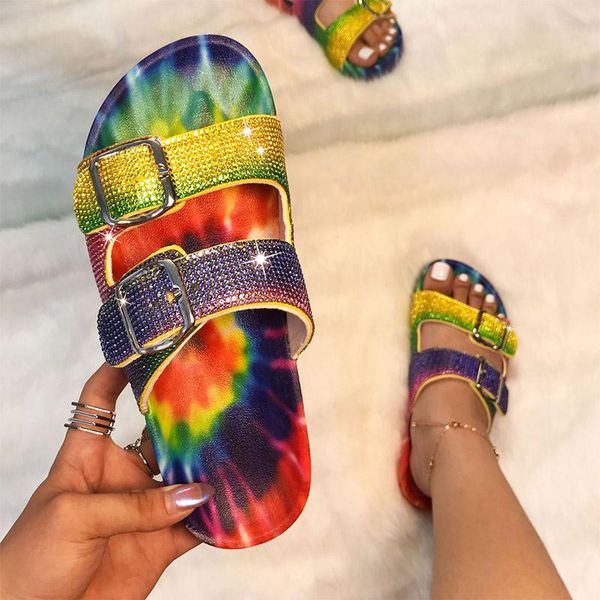 

women's shoes platform slippers 2021 fashion colored buckles rhinestone bling female flat sandals summer ladies slides outside, Black