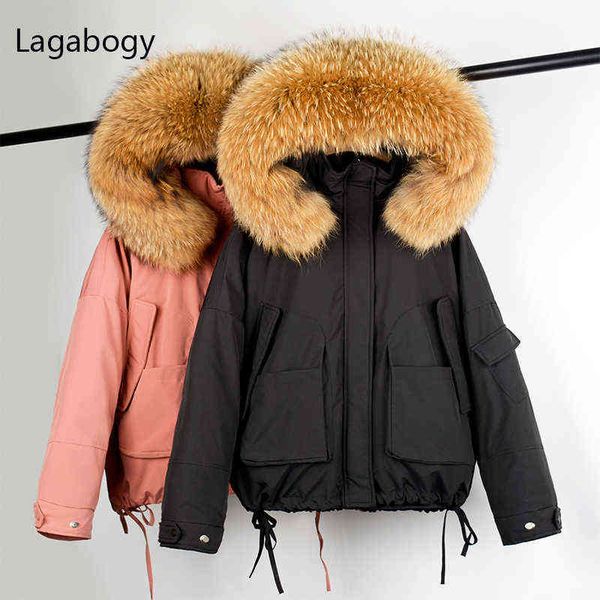 

lagabogy huge real raccoon fur women winter hooded short warm down parkas female 90% white duck down coat lining removable 211130, Black