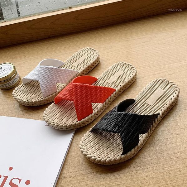 

slippers women summer soft flax indoor home flip flops open toe sandals ladies flat casual slides beach shoes1, Black