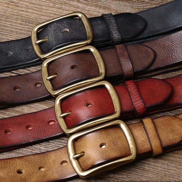 

belts personalized fashion3.8cm style belt men's genuine leather pure cowhide retro fold copper buckle korean casual jeans, Black;brown
