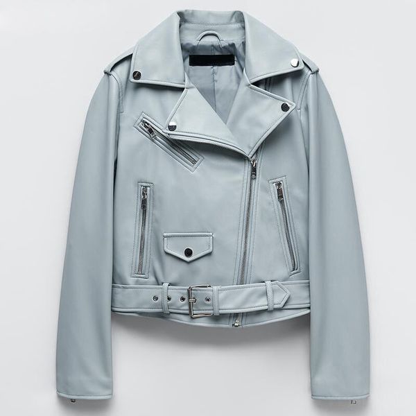 

women's leather & faux 2021 spring autumn women black jacket solid zipper with belt biker coat female casual outerwear