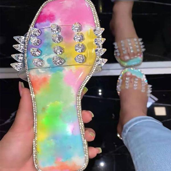 

slippers 2021 women crystal colorful female summer fashion rhinestone casual slides ladies square toe flat plus size 36-43, Black