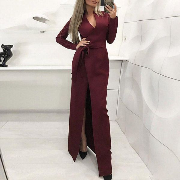 

casual dresses v neck women slim long dress elegant sleeve lace-up belt maxi fashion office lady wrap slit party vestidos, Black;gray