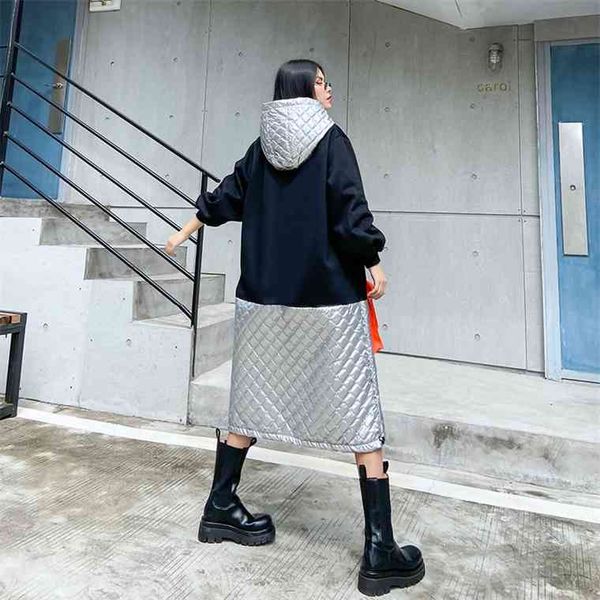 

xitao plus size dress fashion new women patchwork hit color hooded collar casual style 2021 autumn minority loose zy1238, Black;gray