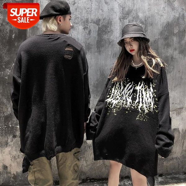 

original hole round neck oversize sweater mens pullover streetwear loose casual sweaters knitted harajuku hip hop clothing #fh7d, White;black
