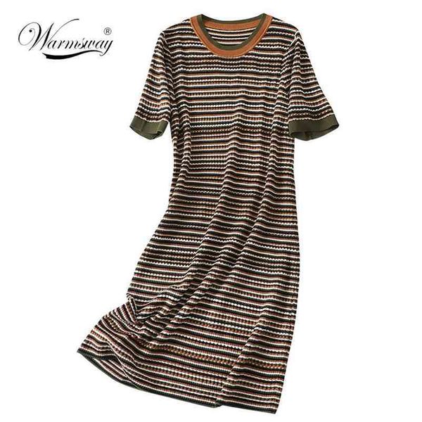 Mulheres de alta qualidade Striped vestidos verão casual casual o-pescoço de tricô manga curta reta mini C-161 210522