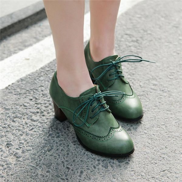 

dress shoes ymechic 2021 autumn summer vintage black green gray brogues lace up women high heels pumps rome retro block heel plus size