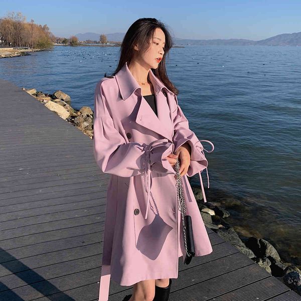 

women's trench coats pink stand collar loose style midi length femme autumn with belt streetwear t92j, Tan;black