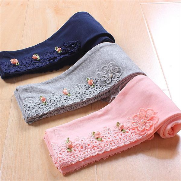 

children girls lace flower cotton causal skinny leggings kids fashion spring summer autumn 3 color princess 4 12 years, Blue