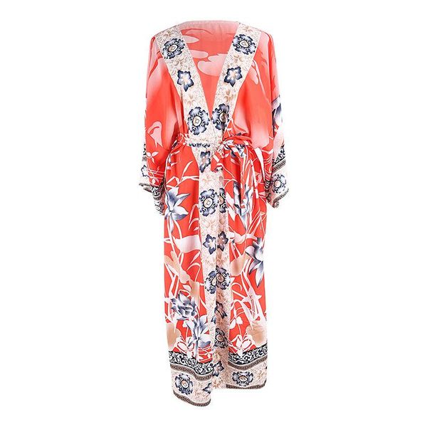 

women's swimwear oversize beach cover up kimono vintage print floral holiday bikini outing boho loose long cardigan orange covers, White;black