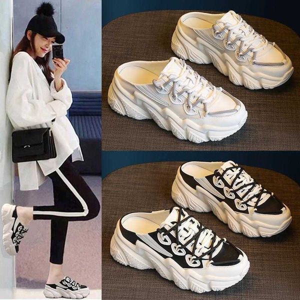 

bahongly sports half slippers female 2021 spring and summer lean lazy thick soled high heel less baotou daddy shoes