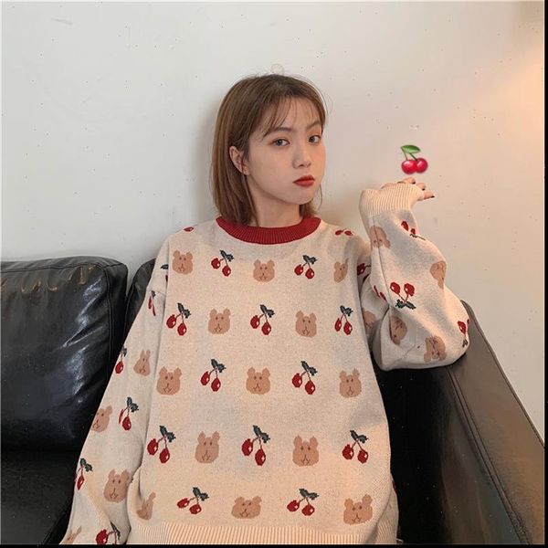 

japanese kawaii ulzzang vintage women sweaters loose bear cherry korean harajuku cute clothing for, White;black