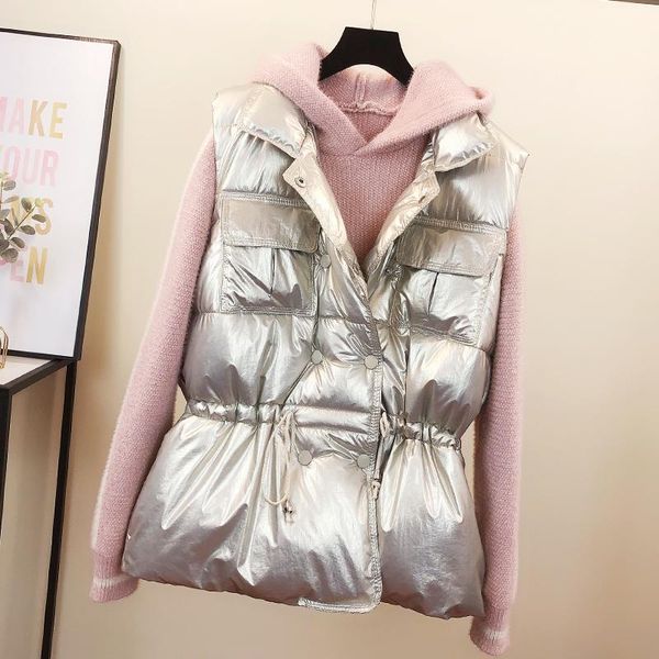 

women's vests 2021 spring vest women autumn waistcoat draw rope down cotton wear loose korean bright face cotton-padded feminino, Black;white