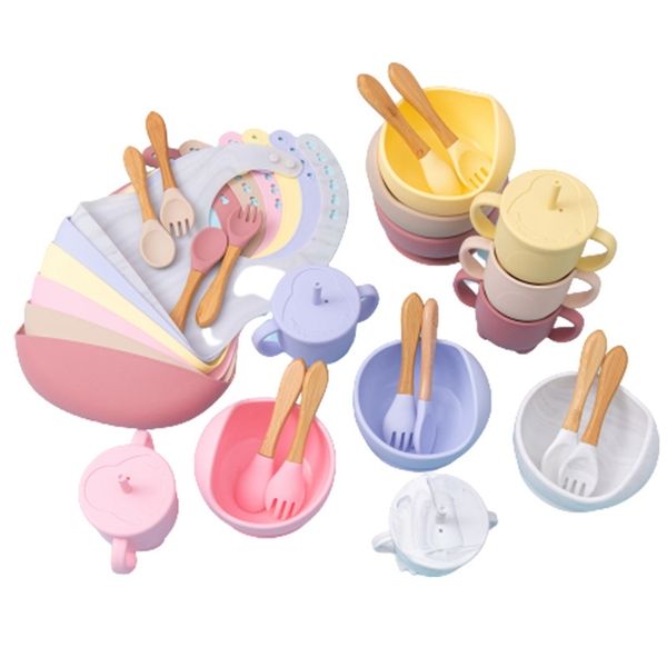 

5 pcs children's tableware baby suction cup plate dishes feeding spoon silicone set kids dispensing drinking bowl bibs bpa 211101