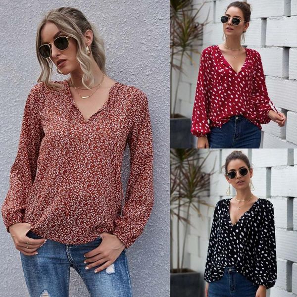

women's t-shirt donsignet woman tshirts spring/autumn casual fashion long sleeve polka dot v-neck puff lacing t-shirtwomen's cloth, White