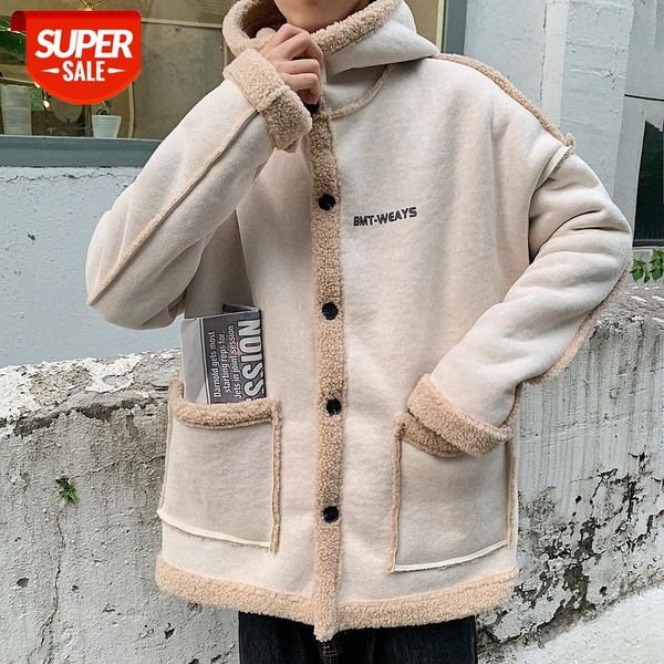 

hong kong style trendy lamb wool coat for men and youth loose wild fleece jacket warm hooded #s42h, Black;brown
