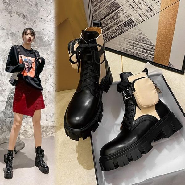 

boots street trendy style pocket korean autumn and leather women's short heel thick, Black