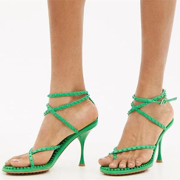 

sandals 2021 summer autumn green massage comfortable creative shiatsu sheet rivet heel shoes buckle strap plus size 44, Black