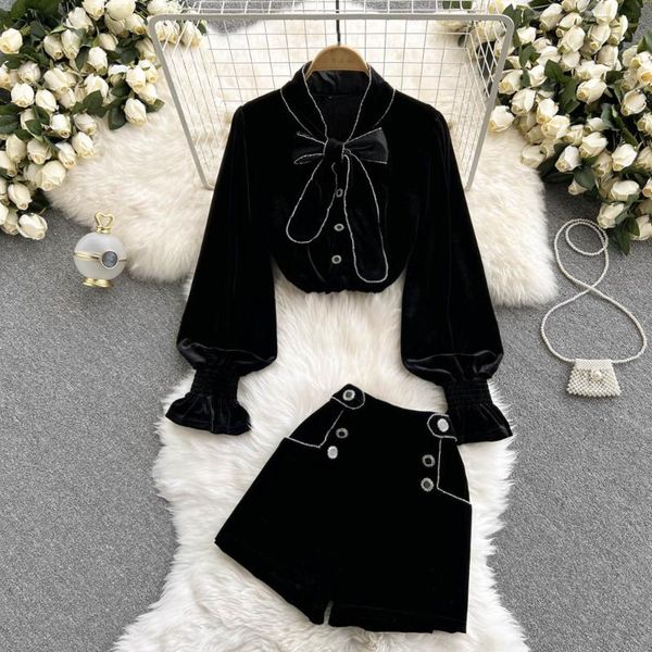 

women's tracksuits autumn golden velvet shorts suits ladies two piece set bow lace up collar shirts and double-breasted high waist, Gray