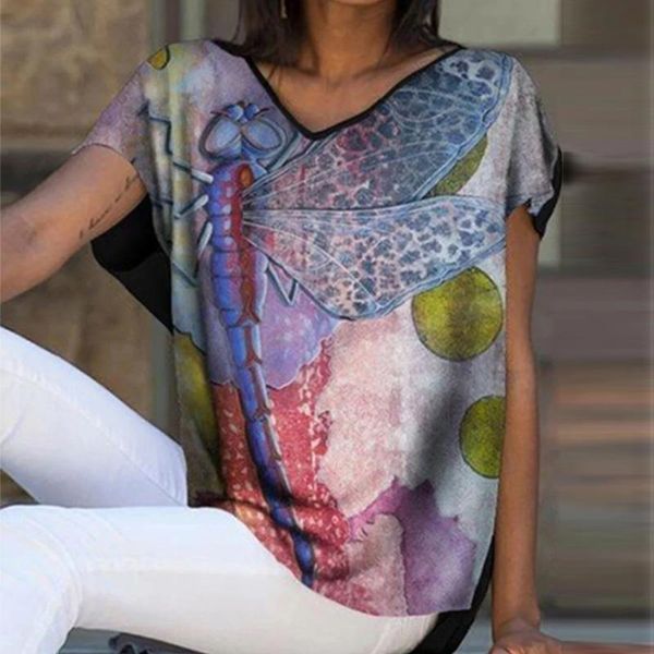 

women's t-shirt summer print blouse 2021 women v neck short sleeve ladies shirt vintage casual loose female thin pullover blusas, White