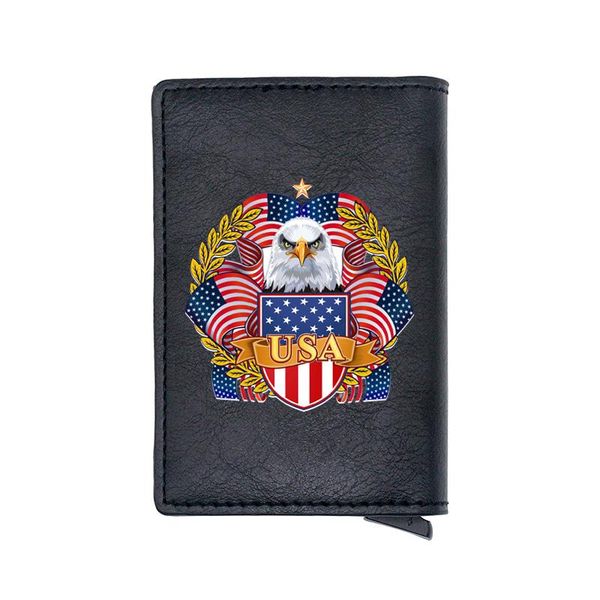 

card holders fashion classic black color american flag eagle digital printing id wallet men women u.s.a leather purse, Brown;gray