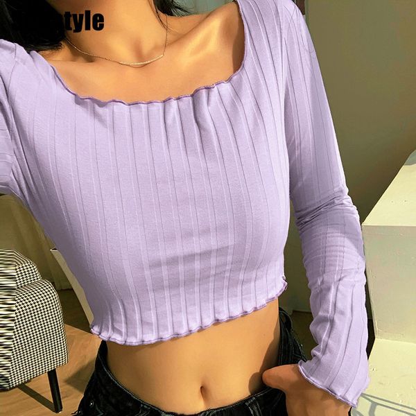 

shestyle ruffles square neck casual t shirt women solid loose long sleeve 2021n autumn summer crop purple vintage outfitb, Black;white