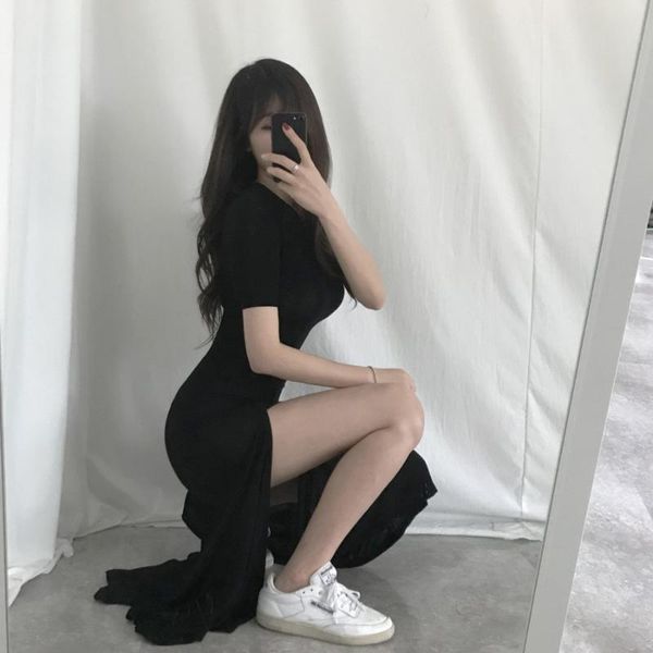 

casual dresses high elastic plus size o neck modal cotton black side split mermaid dress women short sleeve grey wild vestido 2021, Black;gray