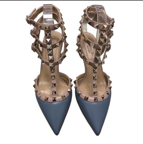 

sandals summer designer women with rivets high heel pointed 6cm v genuine leather lady wedding shoes 35-44 + dust bag, Black