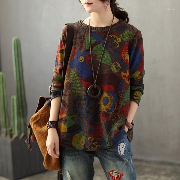 

women's sweaters womens retro cartoon print hedging loose knit long sleeve round neck 2021 autumn winter fashion sweater lugentolo, White;black