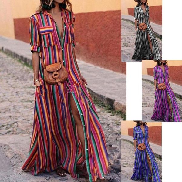 

casual dresses zogaa ladies fashion color contrast striped long dress, Black;gray