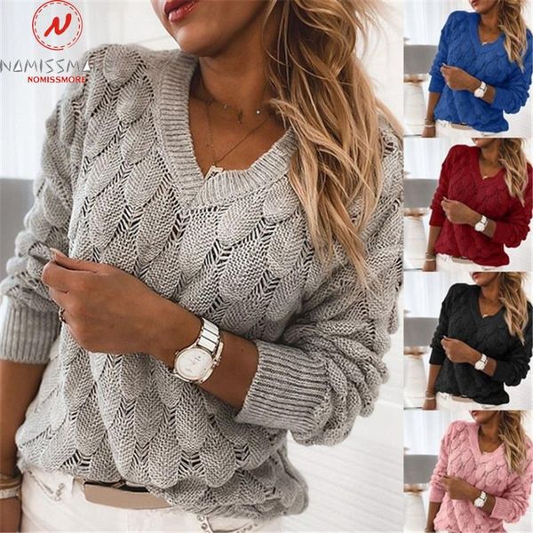 

women's sweaters fashion women casual loose hollow out design see through v-neck long sleeve solid color autumn winter knitted top, White;black