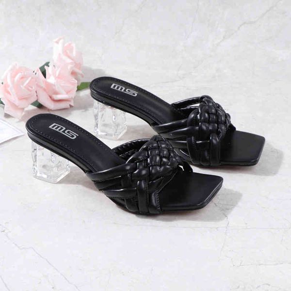 

dress shoes women new fashion chunky higt heel slippers european american braided square open toe slipper large for ntcx, Black