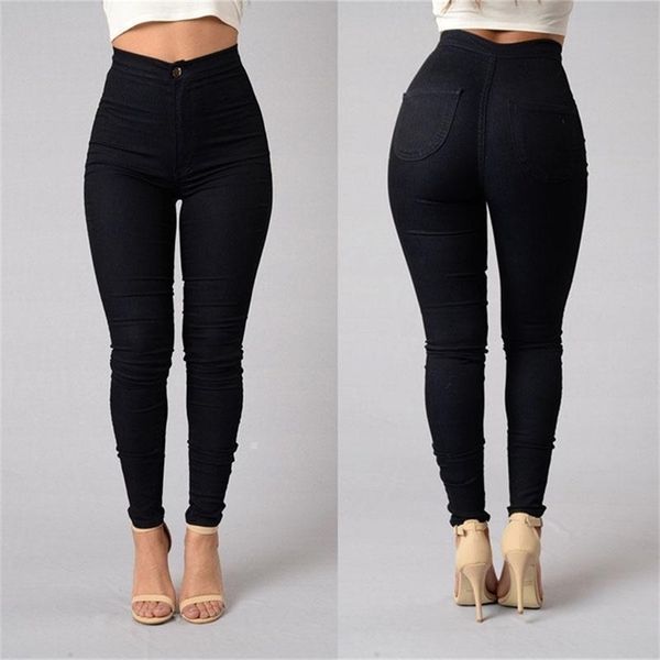 Женская мода твердого цвета леггинсы высокая талия стрейч джинсы тонкие брюки карандаш белые черные синие брюки 210708
