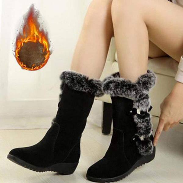 

boots suovekgo winter warm styles fur women classic fashion wedges platform high snow female plush women's shoes, Black