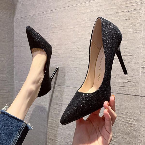 

dress shoes 2021 platform heels women's high-heeled pumps lace-up pointed wedge sweet sandals ladies slip on beige crystal fas, Black