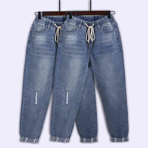 Kadınlar Için Yırtık Kot Yüksek Bel Artı Boyutu İpli Gevşek Denim Harem Pantolon Femme 5XL 6XL 7XL 130KG 210708