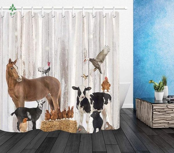 

shower curtains village wooden wall farm small animals horses and cattle, waterproof polyester fabric curtain bathroom decoration