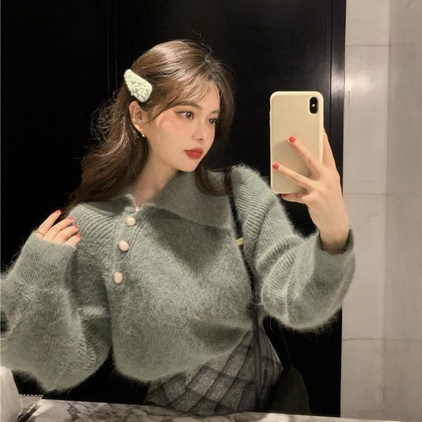 

women's sweaters autumn winter clothes clothing tum-down collar loose fashion brand long sleeve pullovers vintage style, White;black