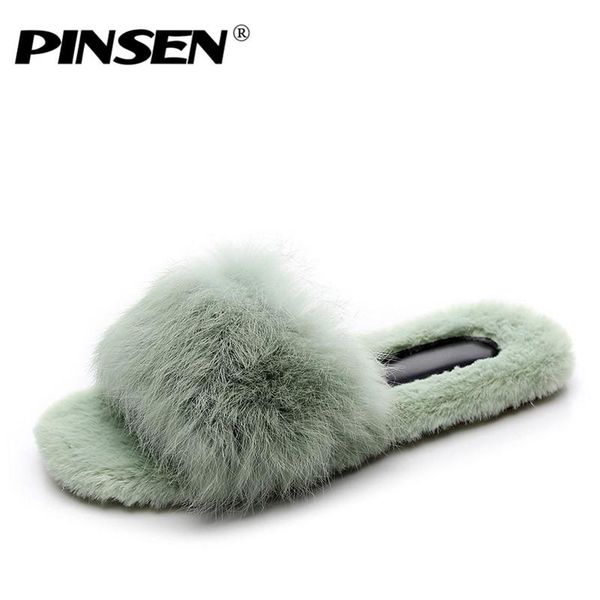 

slippers pinsen 2021 winter women indoor home shoes fur warm woman house ladies slip-on flats female, Black