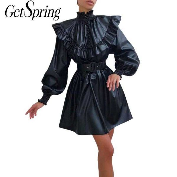 

getspring women dress lantern sleeve ruffles pu leather dresses black vintage autumn winter 210601, Black;gray