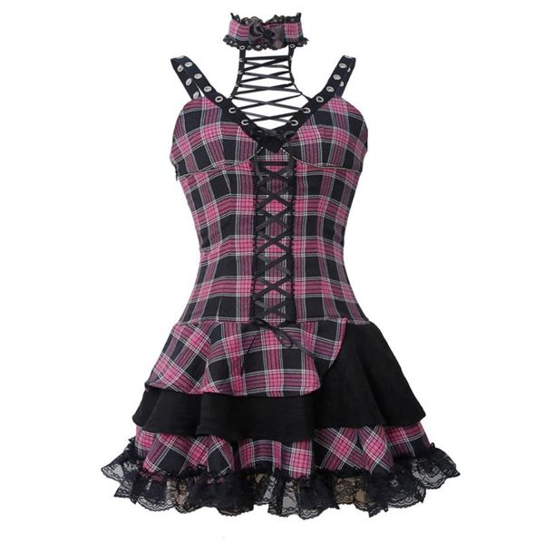 

casual dresses japanese harajuku punk pink bandage stitching girl fashion lolita temperament kawaii sweet dress, Black;gray