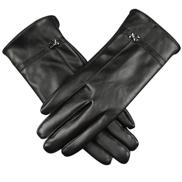 

fingerless gloves 2021 winter autumn women warm driving pu leather touch screen bow full finger female elegant mittens glove, Blue;gray