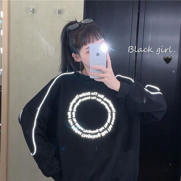 

women's hoodies & sweatshirts casual harajuku japanese cool reflective women punk oversize o neck sweatshirt pullover streetwear rock h, Black
