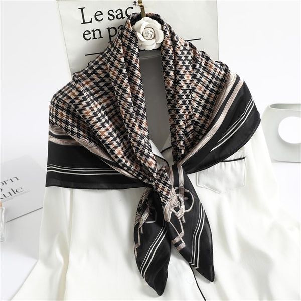 

scarves summer silk plaid scarf women bandana luxury neckerchief shawl retro wraps large square hijab headbans autumn 2021, Blue;gray